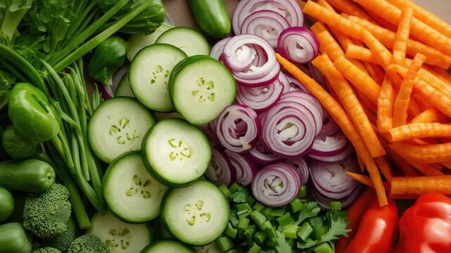 Fresh sliced cucumber red onion carrot bell pepper celery broccoli vibrant vegetable assortment