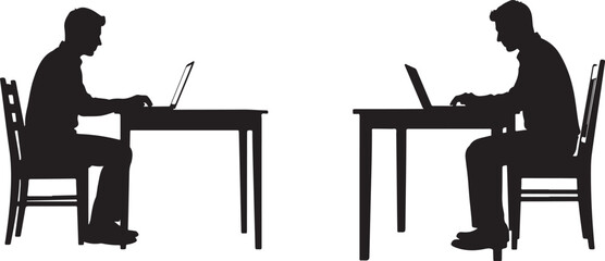Man Working on Laptop at Desk &ndash; Black Silhouette Remote Work Illustration. Black Silhouettes of Men Working on Laptops at Desks,