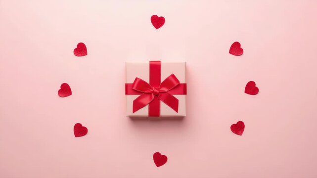 Pink gift box with red ribbon heart decorations and scattered red paper hearts present romantic