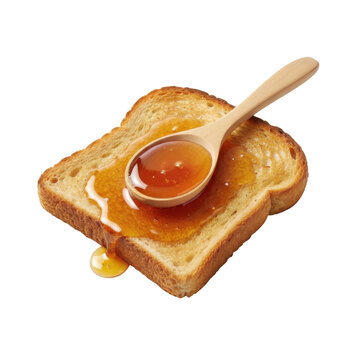 Golden honey dripping from a wooden spoon onto a slice of toasted white bread, creating a sweet breakfast or snack, isolated on a white background.
