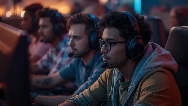 Young gamer headset gaming esports player competition intense dimly lit arena focused match
