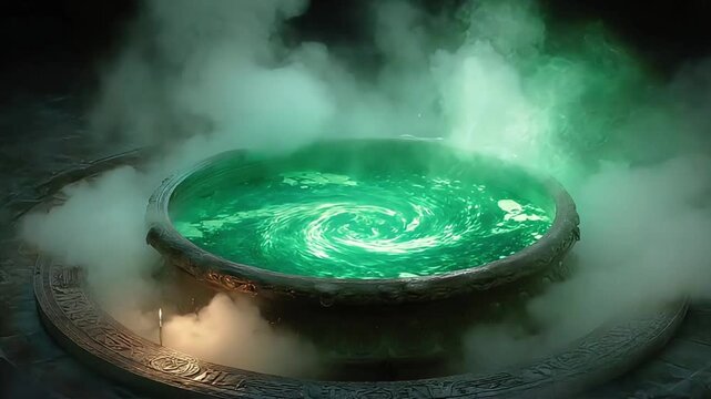 A mystical green cauldron emits swirling fog, evoking mystery and magic, perfect for fantasy-themed content.