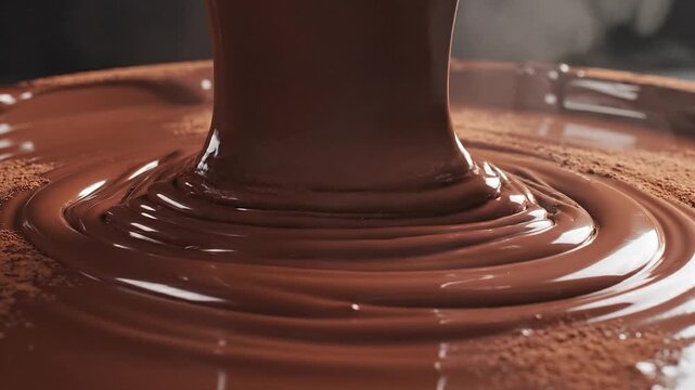 Rich chocolate flows smoothly from a pouring spout into a circular pool creating a mesmerizing whirlpool pattern on a dark surface