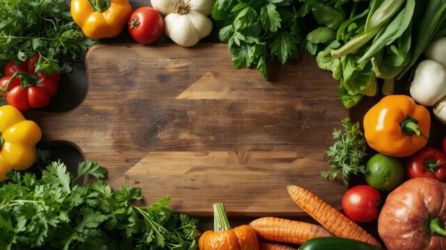 Fresh vegetables and herbs arranged around wooden cutting board creating vibrant rustic cooking