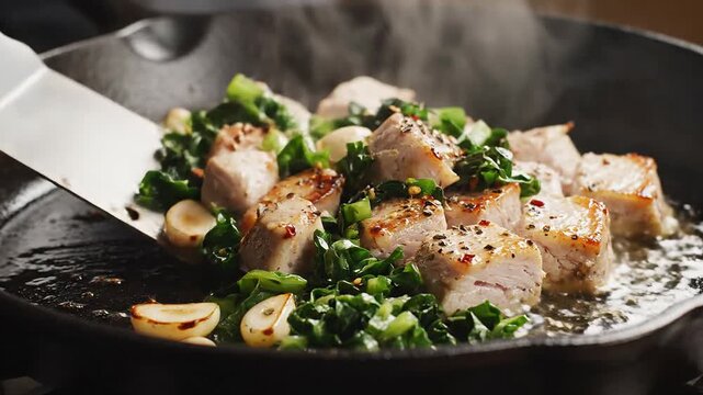 Sizzling Pork Chunks and Greens Saut?ed in Cast Iron Skillet with Garlic