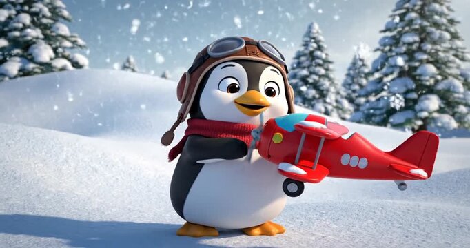 Cheerful penguin in aviator goggles holds a toy airplane, surrounded by snowy trees and winter scenery