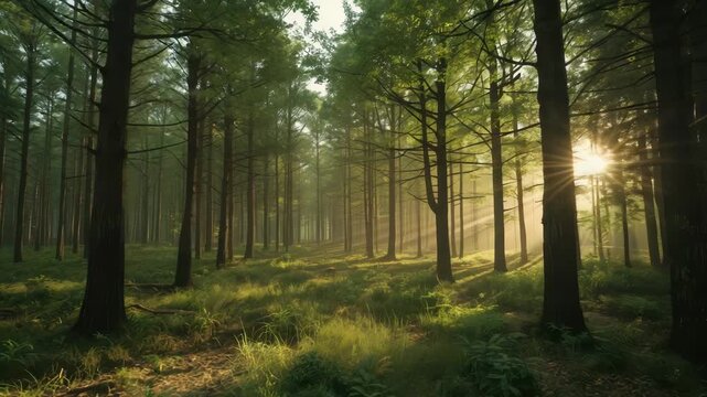 Sunlit pine forest morning with sunlight and sunbeam through conifer tree trunk creating serene
