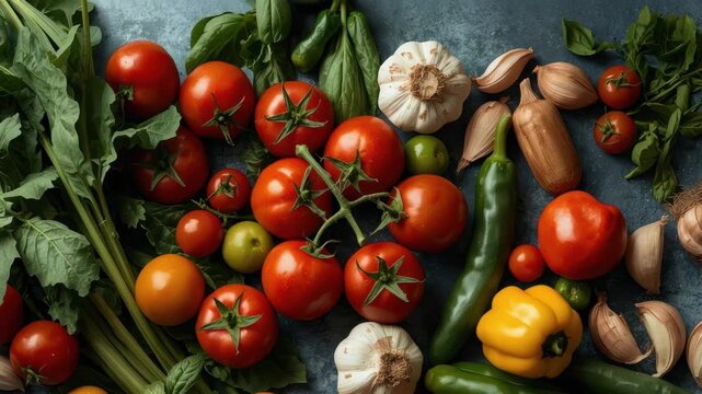 Ripe vine tomato, bell pepper, chili pepper, garlic and basil with assorted peppers and fresh greens