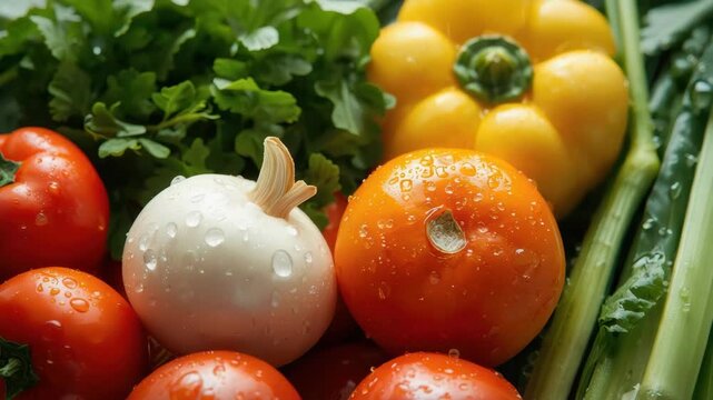 Ripe tomato onion bell pepper celery parsley vegetable medley with dewy droplets and fresh produce