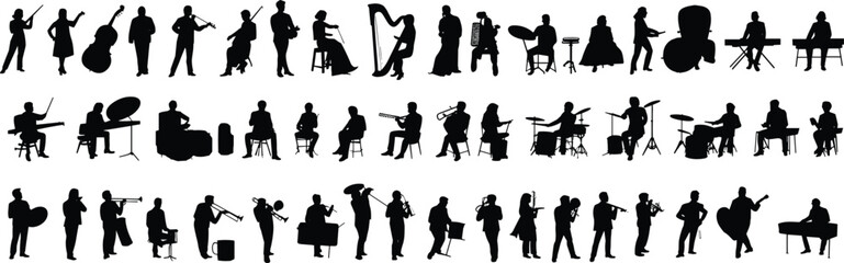 Musician silhouettes playing instruments, orchestra band vector, violin cello harp drums, trumpet trombone saxophone guitar keyboard, performance illustration, music design © It's Sumi Here