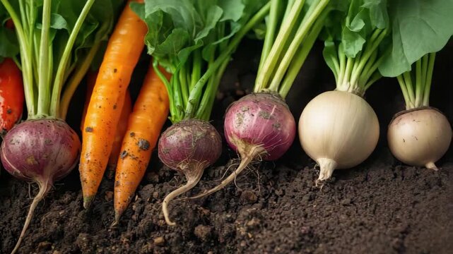 Carrot turnip onion soil green leaves harvest freshly harvested root vegetables with earthy skins