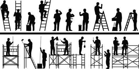 Construction worker silhouettes on ladders scaffolding collection, builder maintenance painting team set, industrial occupation people illustration concept © Mahbub