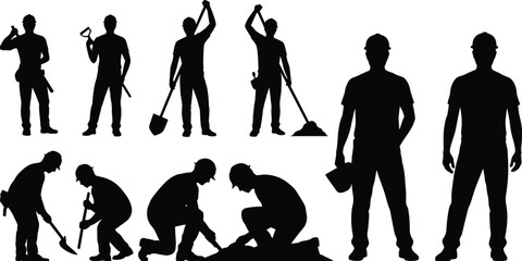 Construction worker silhouettes set, builders digging and working with shovel tools isolated black vector illustration collection © Mahbub