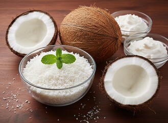 Fresh coconut milk dessert with shredded coconut and mint garnish on wooden table
