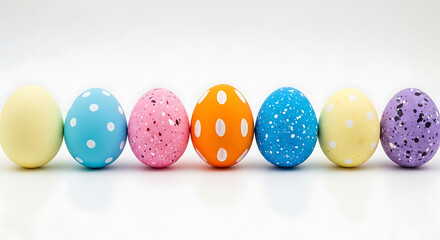 Fototapeta premium A row of seven brightly colored and patterned Easter eggs on a clean white background, perfect for spring celebrations