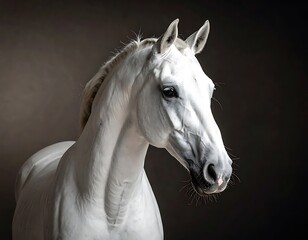 Obraz premium Majestic white horse head and shoulder portrait, gazing to the side, captured against a soft, neutral-toned backdrop