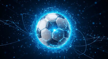 Fototapeta premium Soccer ball emitting blue digital energy with particle effects and connecting lines in a dark background