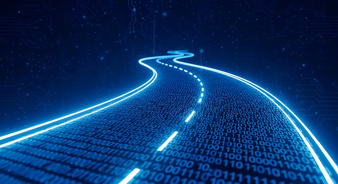 Conceptual image of a glowing road made of binary code leading into the future, representing technology and digital pathways