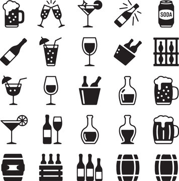 Alcoholic drinks icons vector set. Alcohol illustration symbol collection. Glass, bottle, barrel sign or logo