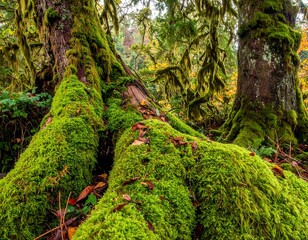 A forest scene with moss-covered tree roots