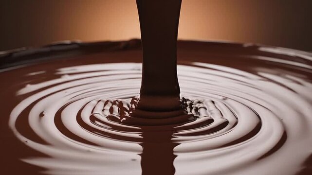 A dark brown liquid droplet creates ripples in a pool of chocolate brown water from a top-down viewpoint