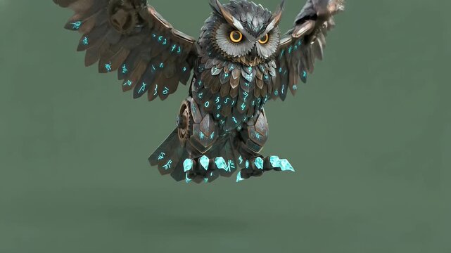 Intricate mechanical owl with glowing eyes and spread wings, steampunk robot bird, futuristic animal, 3D render