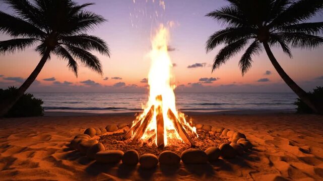 Tropical beach bonfire setup, flames flickering