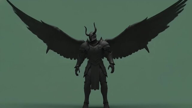 Dark Armored Figure with Large Black Wings and Horns in Pixel Art Style Fantasy Warrior
