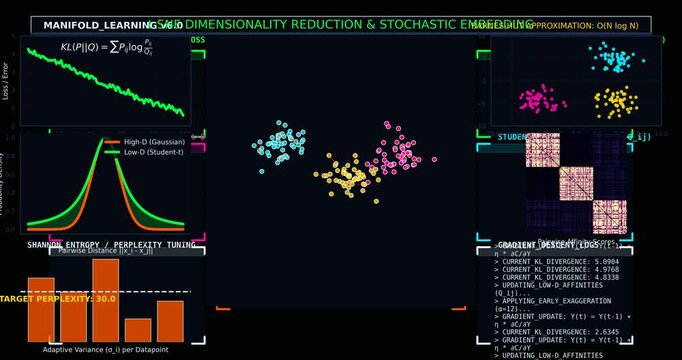 t-SNE Dimensionality Reduction Visualization Showing Data Embedding, Cluster Projection, Feature Mapping and Machine Learning Artificial Intelligence Concept
