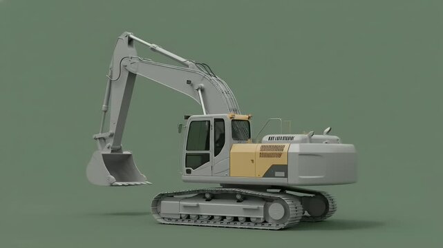 3D Render of a Detailed Excavator with Tracked Wheels and a Large Bucket on a Solid Green Background.