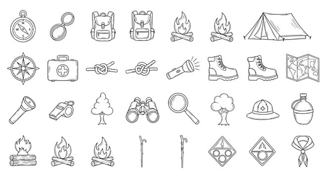 A collection of hand-drawn vector icons representing camping, hiking, and outdoor adventure gear and symbols.