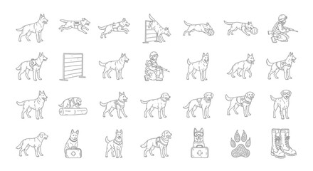 Collection of Line Art Illustrations Depicting Dogs in Various Activities and Poses, Including Agility, Training, and Companion Roles.