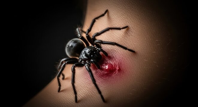 Venomous encounter: A close up of a black spider biting a human arm causing inflammation and pain