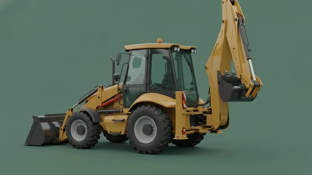 3D Render of a Yellow Backhoe Loader, a Versatile Construction Machine, on a Solid Green Background.