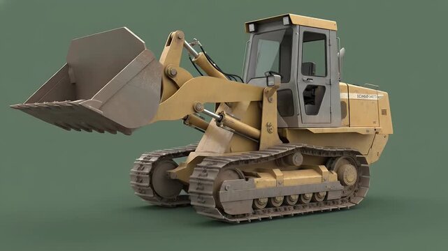 3D Render of a Track-Type Loader with a Large Front Bucket, Yellow and Grey, on a Solid Green Background.
