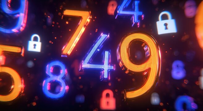 Abstract digital number pattern with security locks in dark background