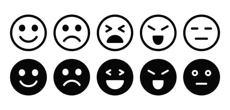 Set of smile face cartoon icon vector design, black and white outline and black fill illustration, representing happiness, emotions