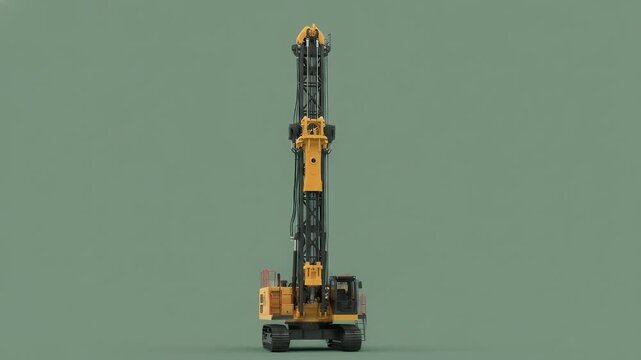 Large Yellow Piling Machine or Drilling Rig Construction Equipment Isolated on a Green Background