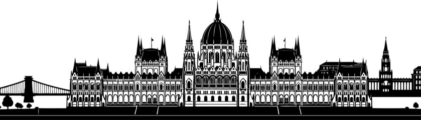 Obraz premium Budapest city skyline silhouette with the hungarian parliament and chain bridge