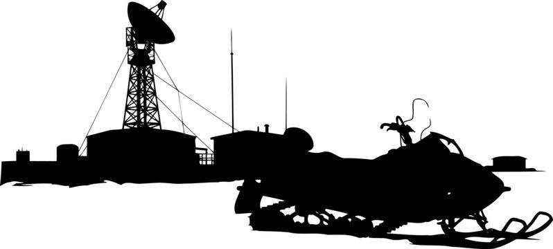 Arctic snowmobile silhouette parked near a polar research station