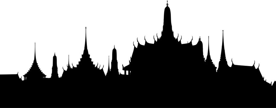 Bangkok city skyline silhouette featuring traditional thai temple architecture and spires