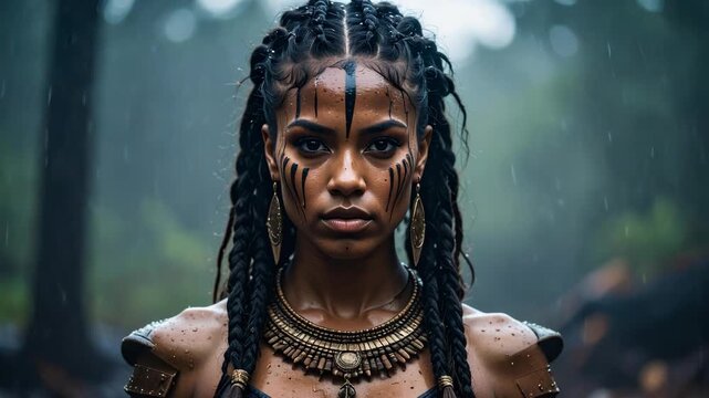 Warrior woman with braided hair and face paint in a rainy forest environment