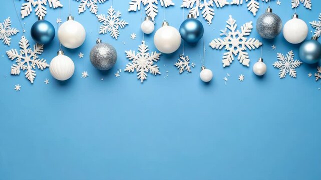 Festive Winter Snowflake and Ornament Border on Blue Background