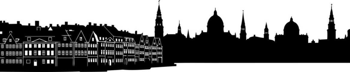 Obraz premium Copenhagen nyhavn waterfront skyline silhouette with historic houses