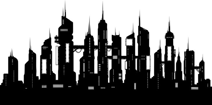 Cyberpunk city skyline silhouette with futuristic urban towers