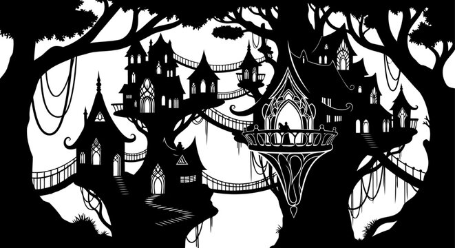 Fantasy village of treehouses connected by rope bridges silhouette