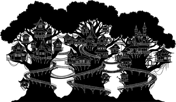 Fantasy treehouse village silhouette in a forest