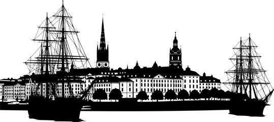 Fototapeta premium Historic waterfront city silhouette with vintage tall sailing ships