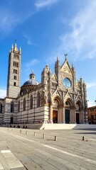 Obraz premium Ornate marble cathedral with a dome and tower, under a bright blue sky, on a large open cobblestone square