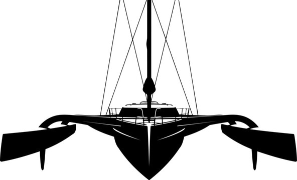 High-performance sailing trimaran yacht silhouette from a front perspective
